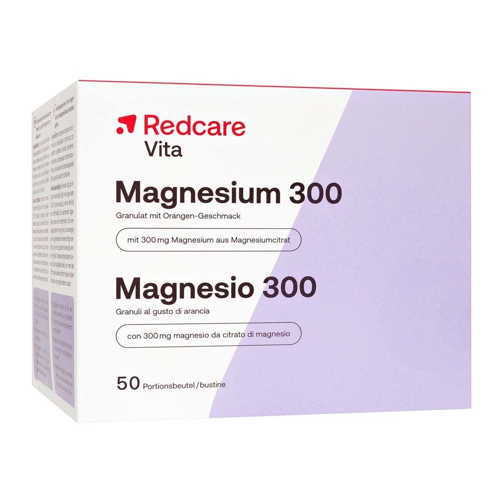 Scatola Redcare Magnesium 300. Bianca e lilla. Testo: Magnesium 300, Magnesio 300, 50 porzioni.