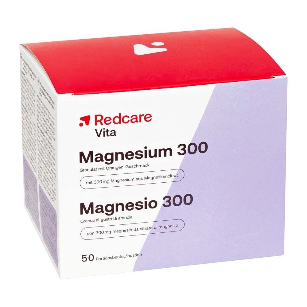 Scatola Redcare Magnesium 300. Rossa e bianca. Testo: Magnesium 300, Magnesio 300, 50 porzioni.