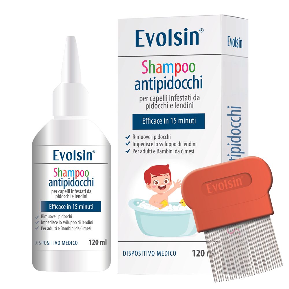 Immagine blu. Testo: Evolsin Shampoo antipidocchi. Rimuove i pidocchi. Previene le lendini. Funziona in 15 minuti.