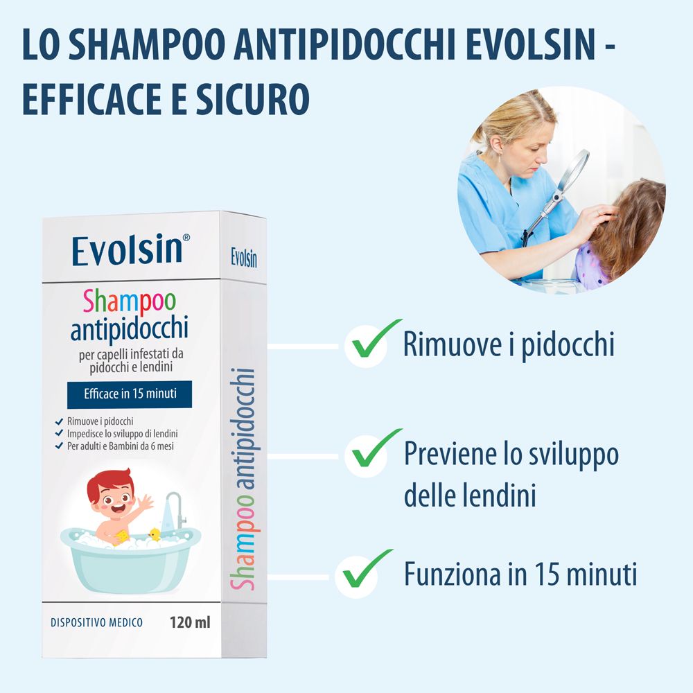 Immagine blu. Testo: Evolsin Shampoo antipidocchi. Rimuove i pidocchi. Previene le lendini. Funziona in 15 minuti.