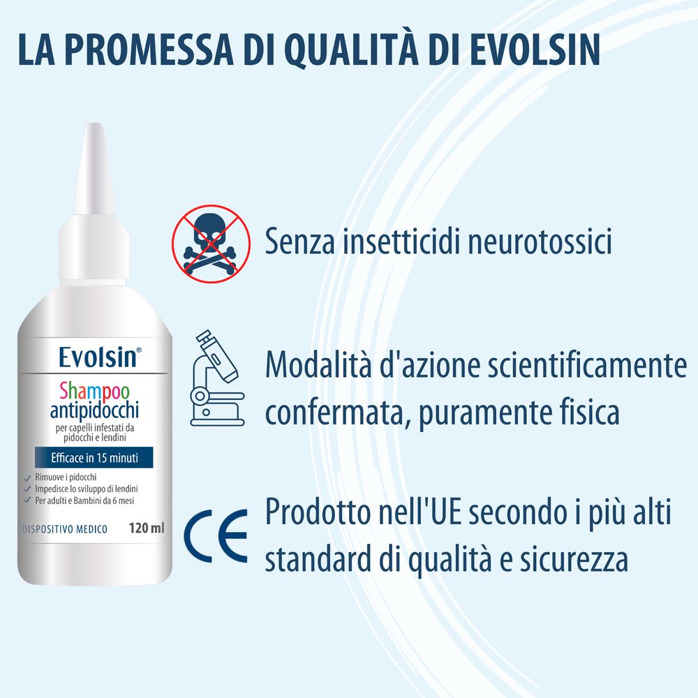 Immagine blu. Testo: Evolsin Shampoo antipidocchi. Senza insetticidi neurotossici. Certificato CE.