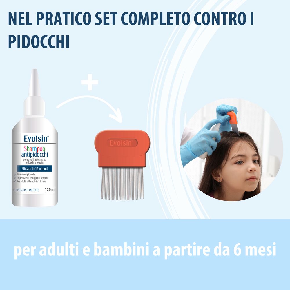 Immagine blu. Evolsin Shampoo antipidocchi e pettine. Persona si pettina i capelli. Per adulti e bambini da 6 mesi.