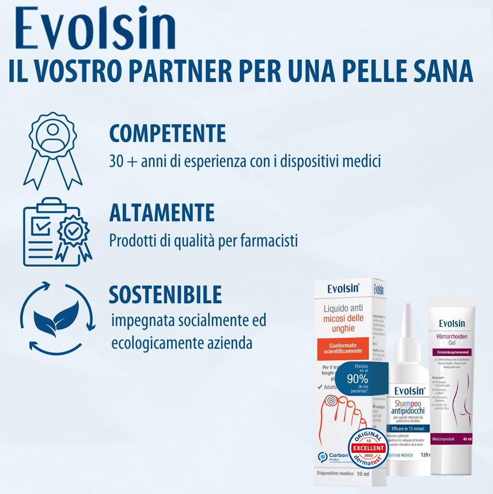 Immagine blu. Testo: Evolsin. Partner per una pelle sana. Prodotti farmaceutici. Sostenibile.
