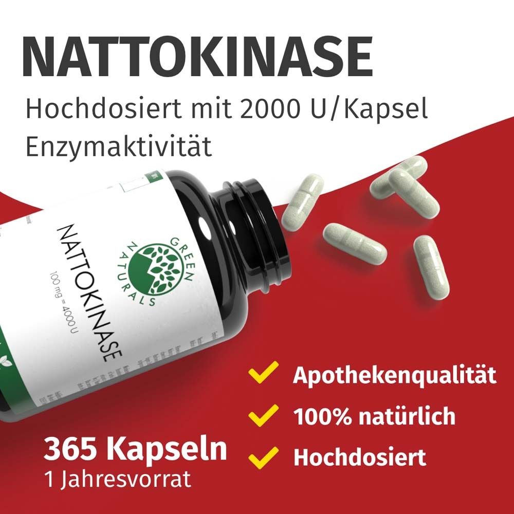 Flacone del prodotto con capsule di nattokinase. Scritta: 365 capsule, qualità farmaceutica, 100% naturale, ad alto dosaggio. Sfondo rosso.