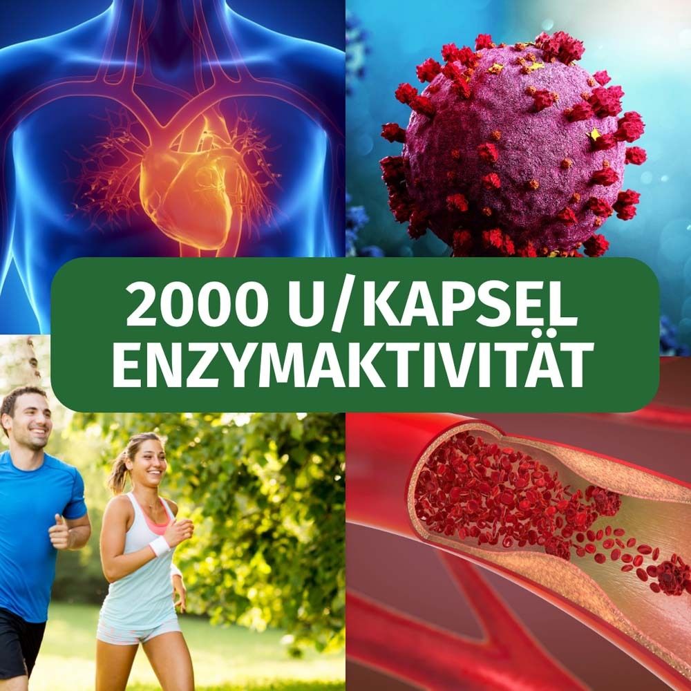 Collage di immagini di cuore, vasi sanguigni, virus e atleti. Testo: 2000 U/capsula attività enzimatica.