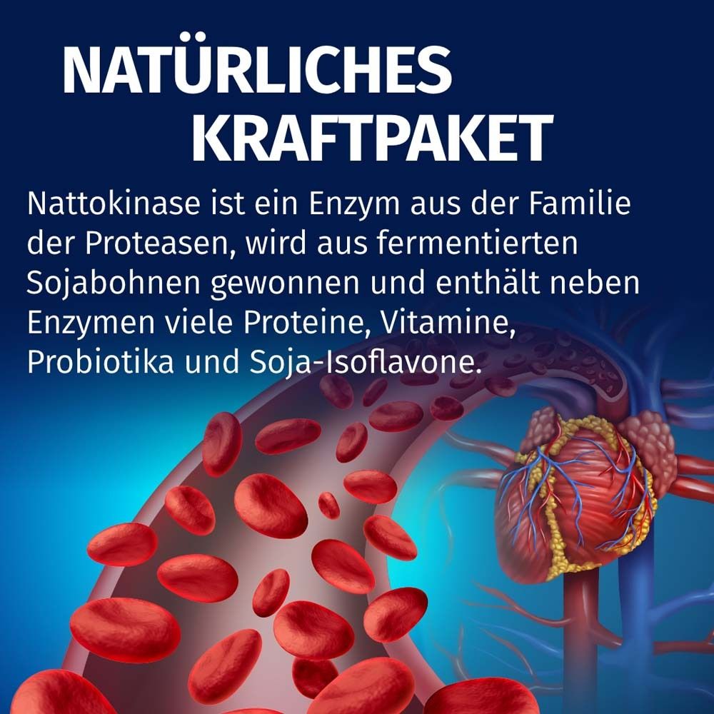 Immagine testuale con cuore e vasi sanguigni. Testo: Potenza naturale. La nattokinase è un enzima dei fagioli di soia fermentati.