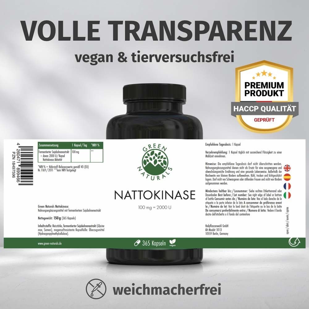 Flacone del prodotto con etichetta. Testo: Trasparenza totale, vegano e senza test sugli animali, prodotto premium, qualità HACCP. Testi multilingue.