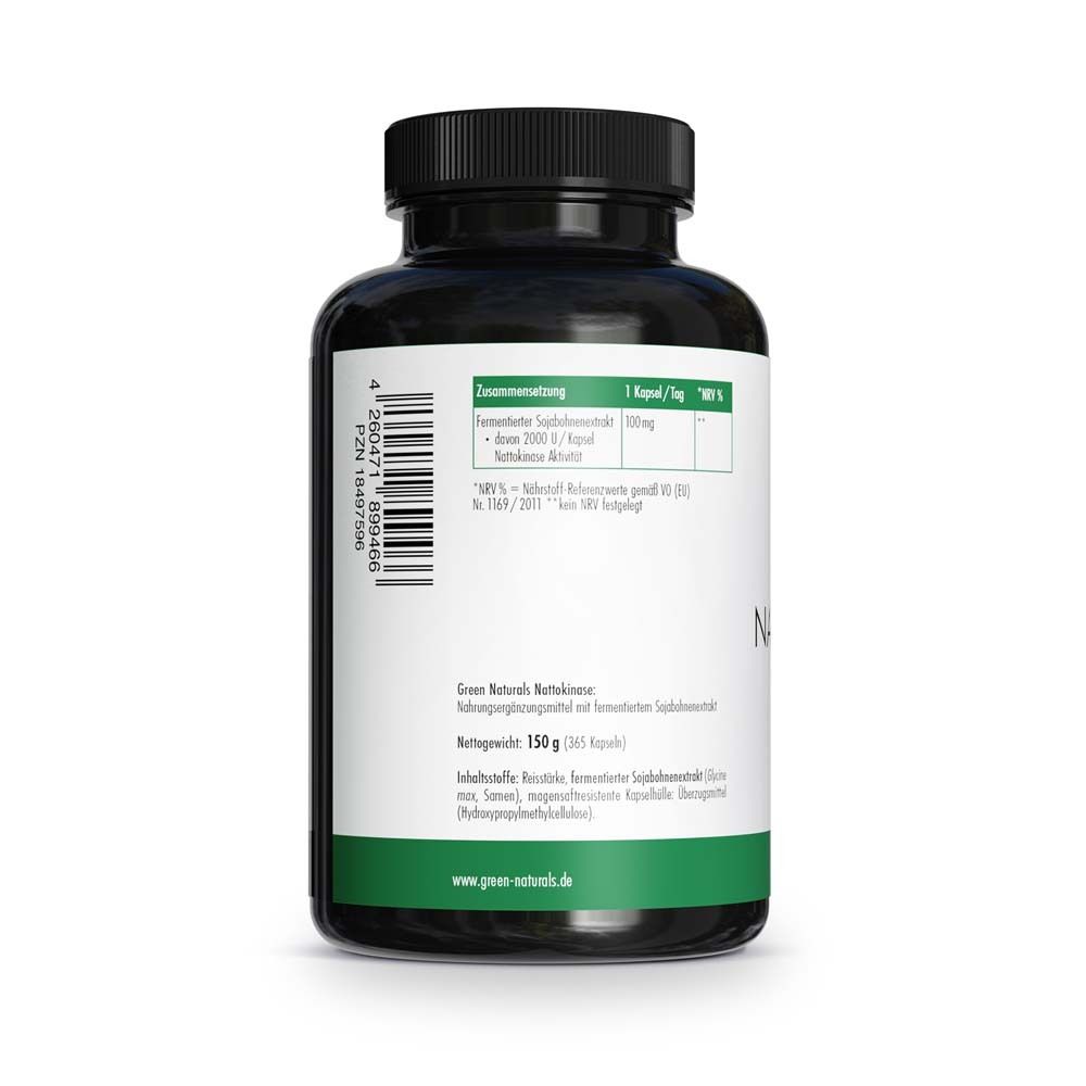 Retro del flacone. Testo: Informazioni nutrizionali, ingredienti, informazioni del produttore. Colori verde e bianco.