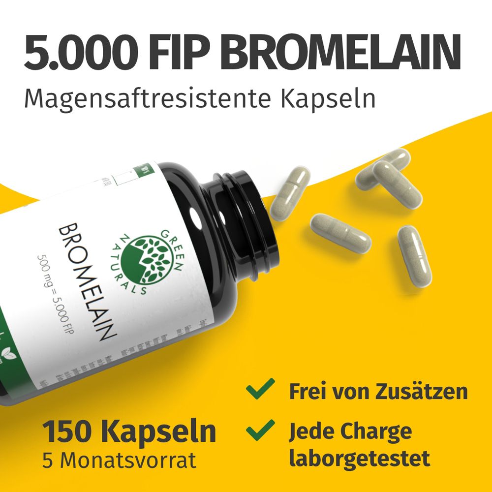 Capsule di bromelina e flacone. Testo: 5.000 FIP Bromelina, capsule gastroresistenti, 150 capsule, vegan.