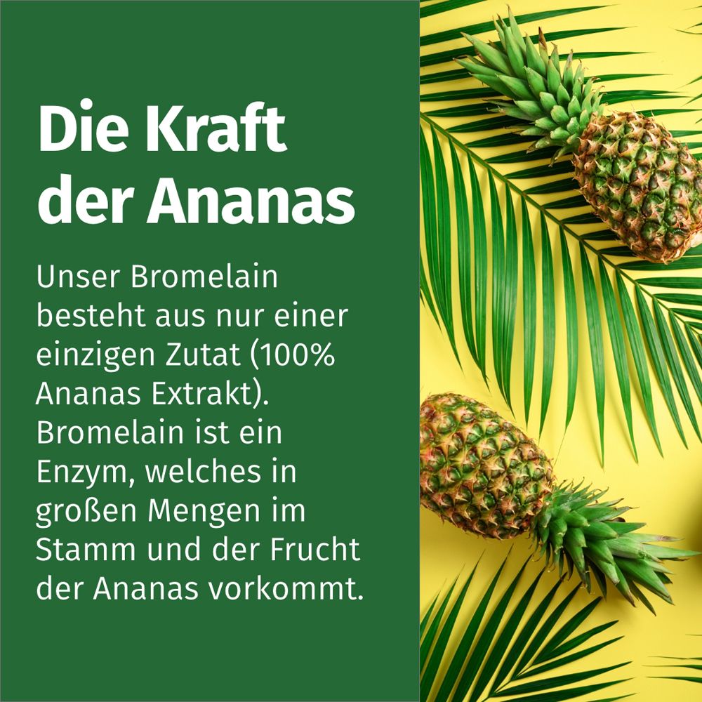 Ananas e foglie su sfondo giallo. Testo: Il potere dell'ananas. Bromelina da estratto di ananas.