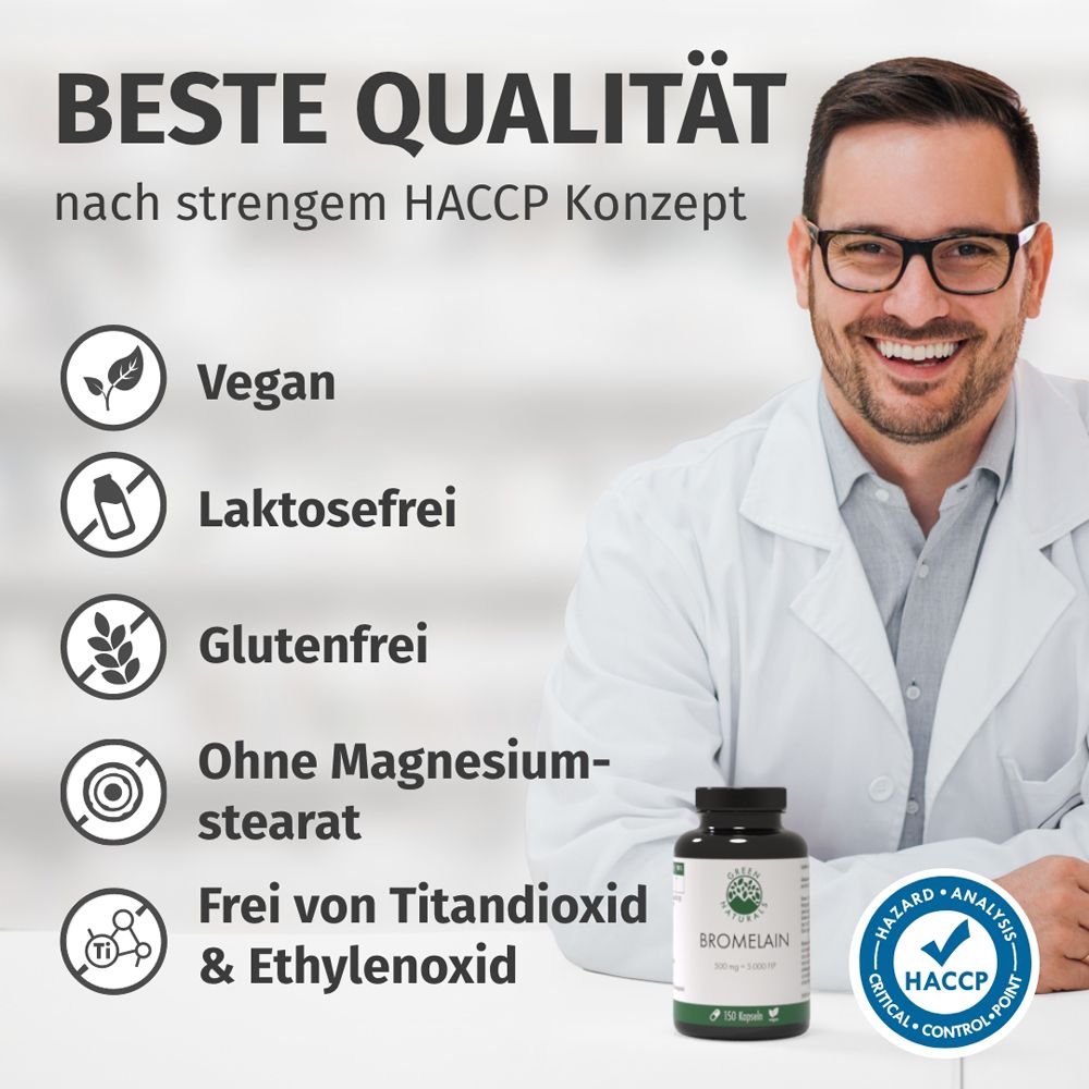Uomo con flacone. Testo: Migliore qualità, vegano, senza lattosio, senza glutine, senza stearato di magnesio.