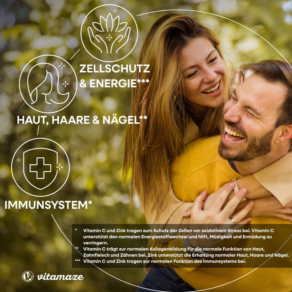 Flacone di compresse. Testo: Vitamin C + Zink. 180 compresse. Senza additivi. Prodotto in Germania.
