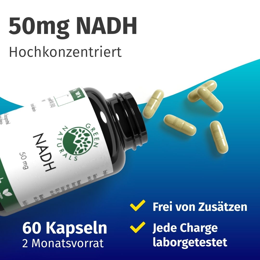 Flacone da 60 capsule NADH (50 mg), scorta di 2 mesi, testato in laboratorio, senza additivi.