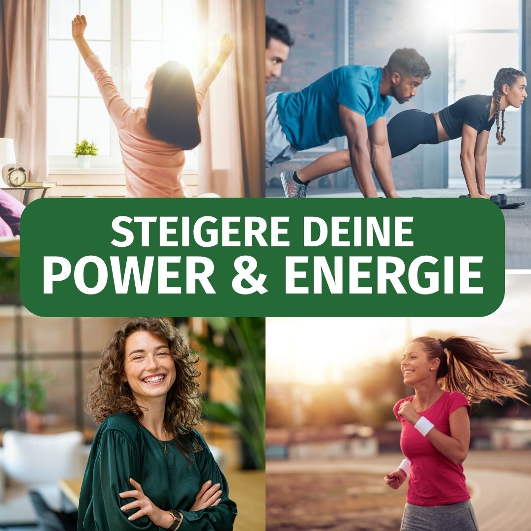 Collage: Persone in scene attive e rilassate, con testo 'Aumenta la tua potenza ed energia'.
