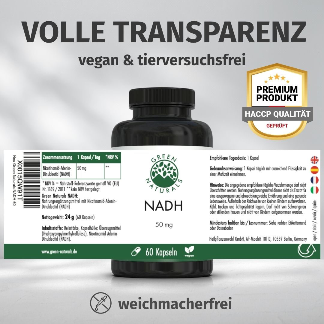 Flacone di capsule NADH Green Naturals, 50 mg, 60 pezzi, con sigilli 'Prodotto Premium', 'Qualità HACCP'.