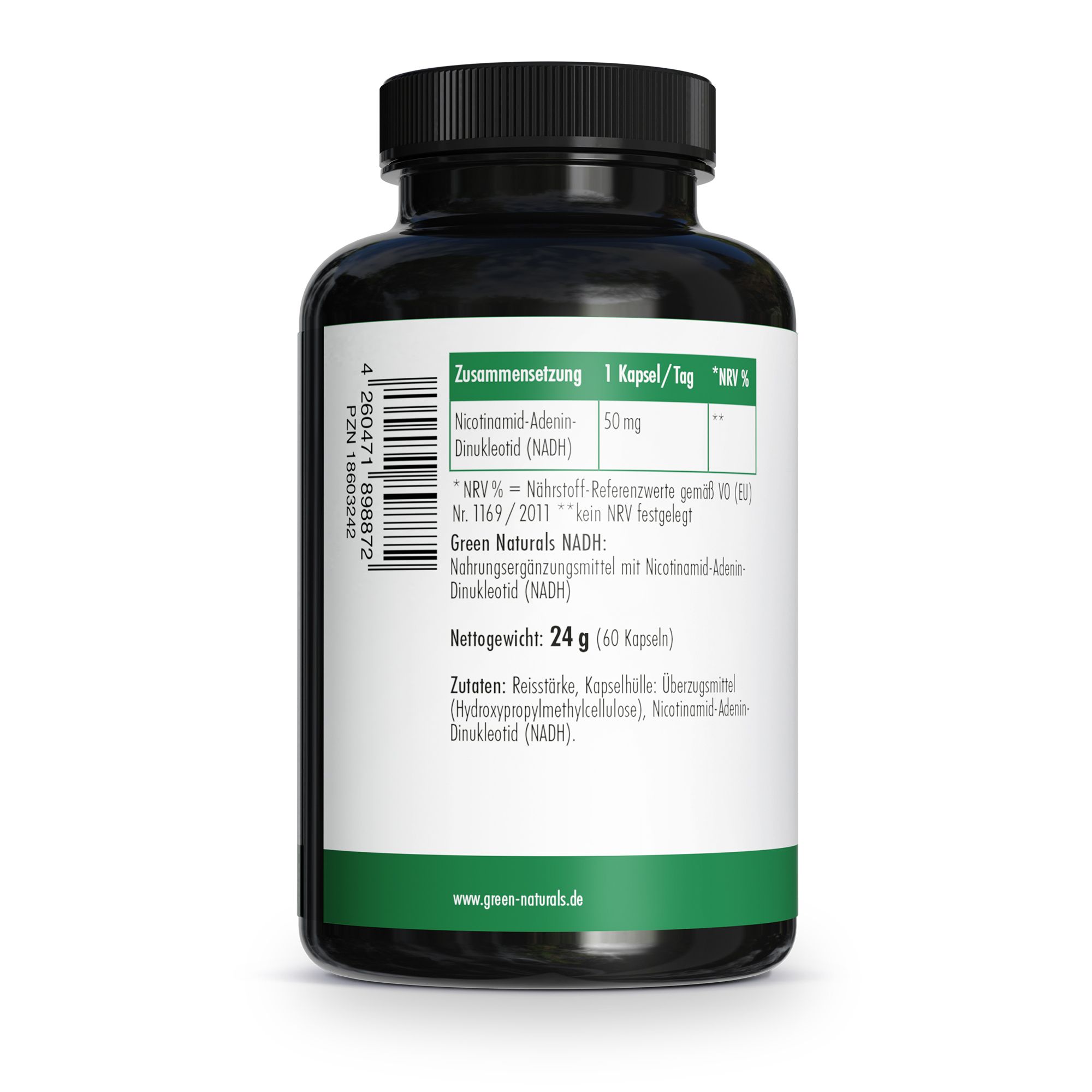 Retro del flacone: Elenco ingredienti, peso netto 24g (60 capsule), NADH Green Naturals.
