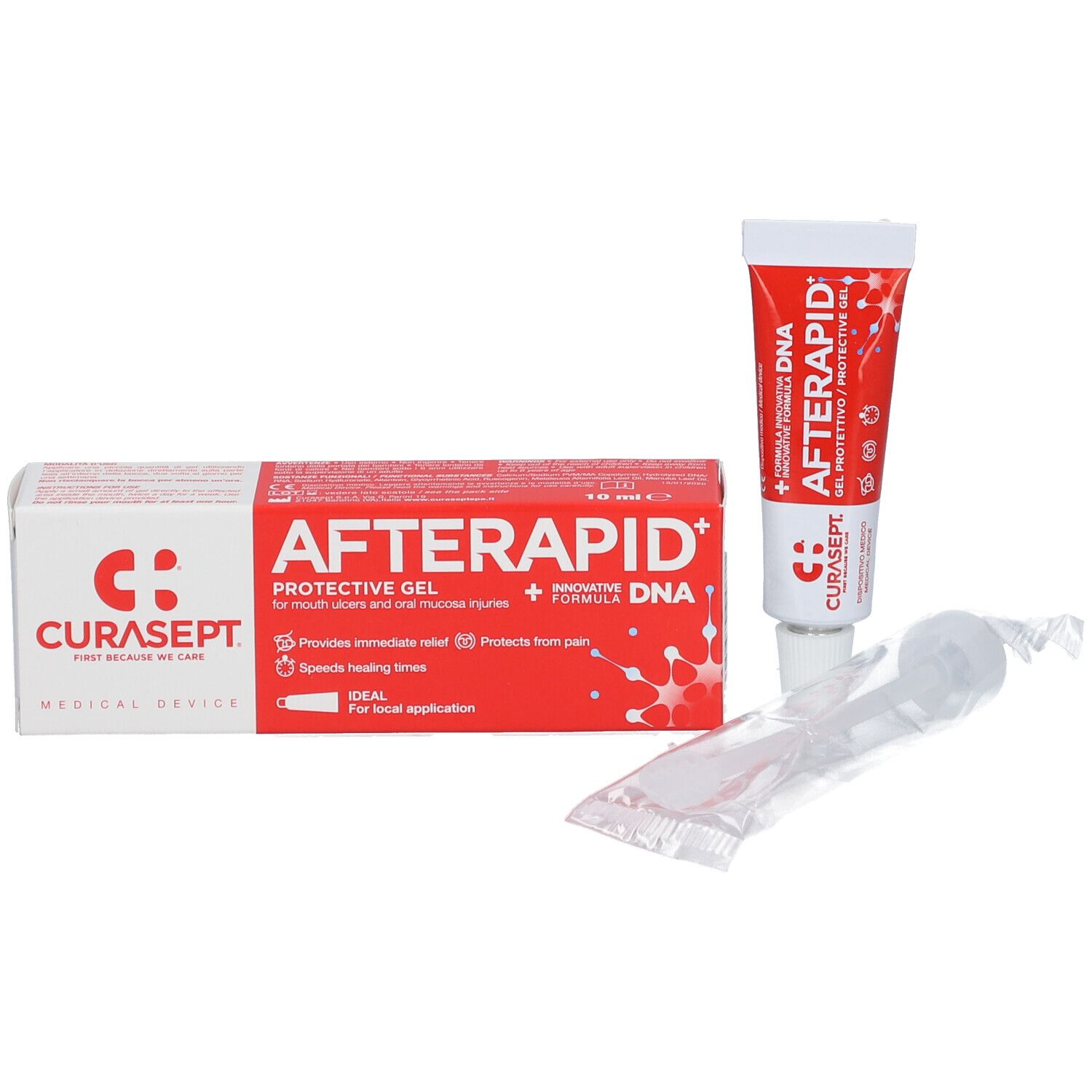 Confezione con tubo, applicatori. Scritta: AFTERAPID, logo CURASEPT.