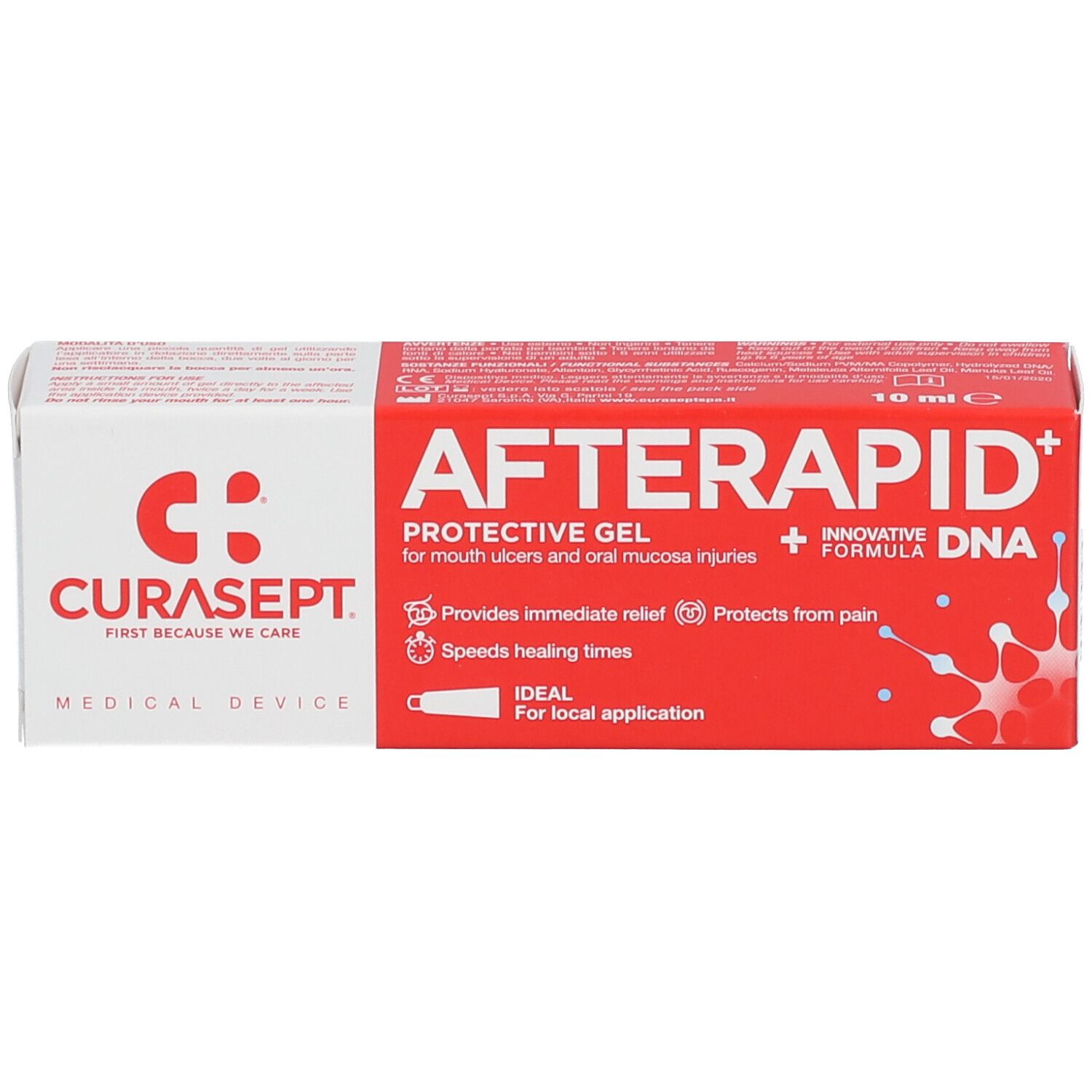 Scatola rossa. Scritta: AFTERAPID, logo CURASEPT. Dispositivo medico.