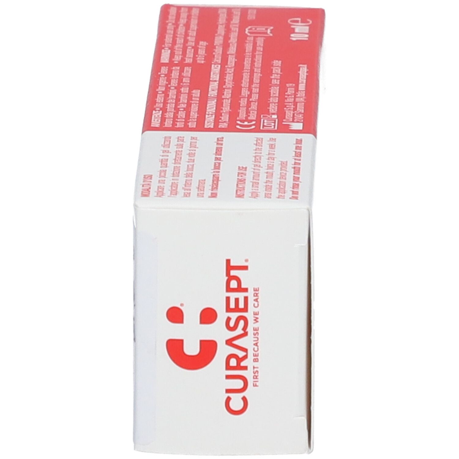 Vista laterale della scatola. Scritta: logo CURASEPT, testo.