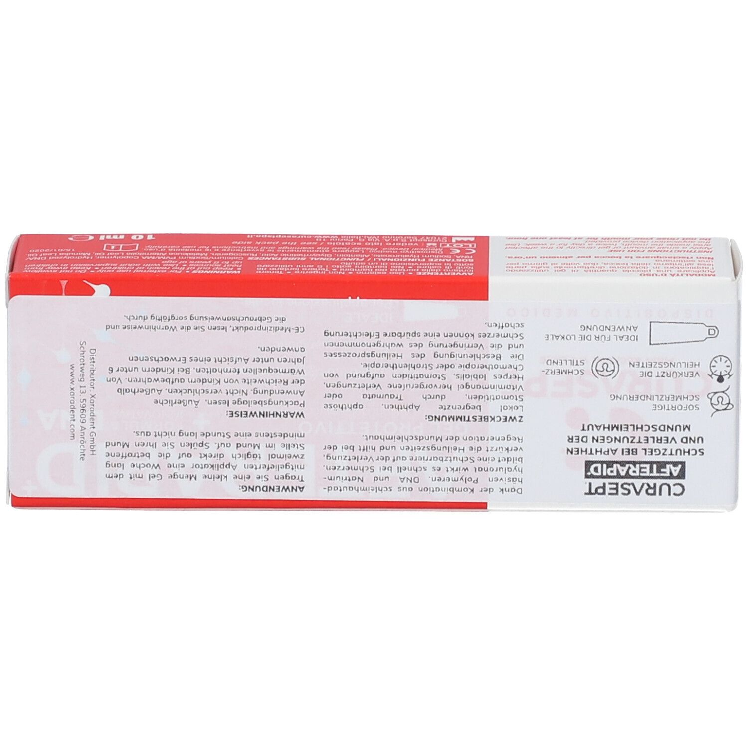 Parte superiore della scatola. Scritta: AFTERAPID, testo, istruzioni per l'uso.