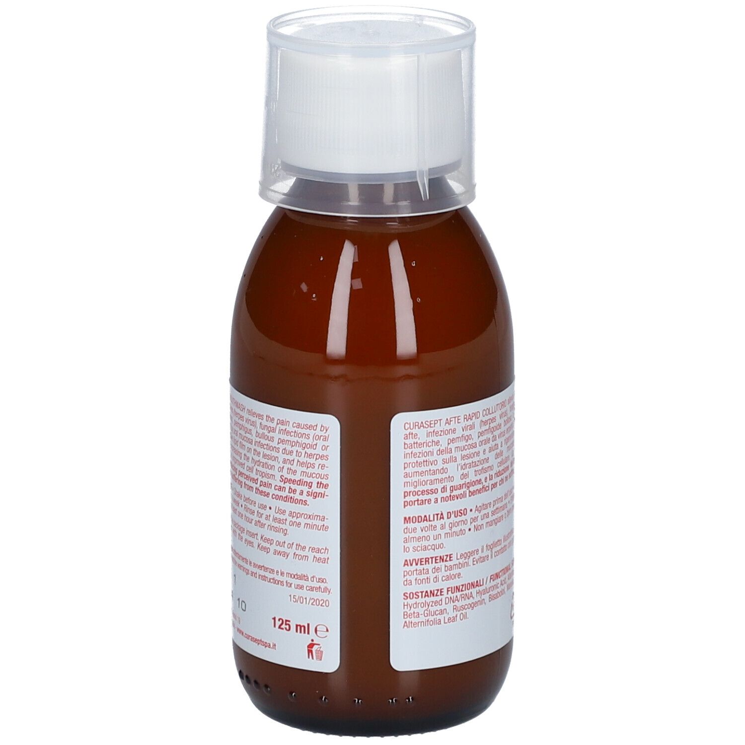 Liquido marrone in bottiglia con tappo bianco. Etichetta con testo e indicazione 125 ml.