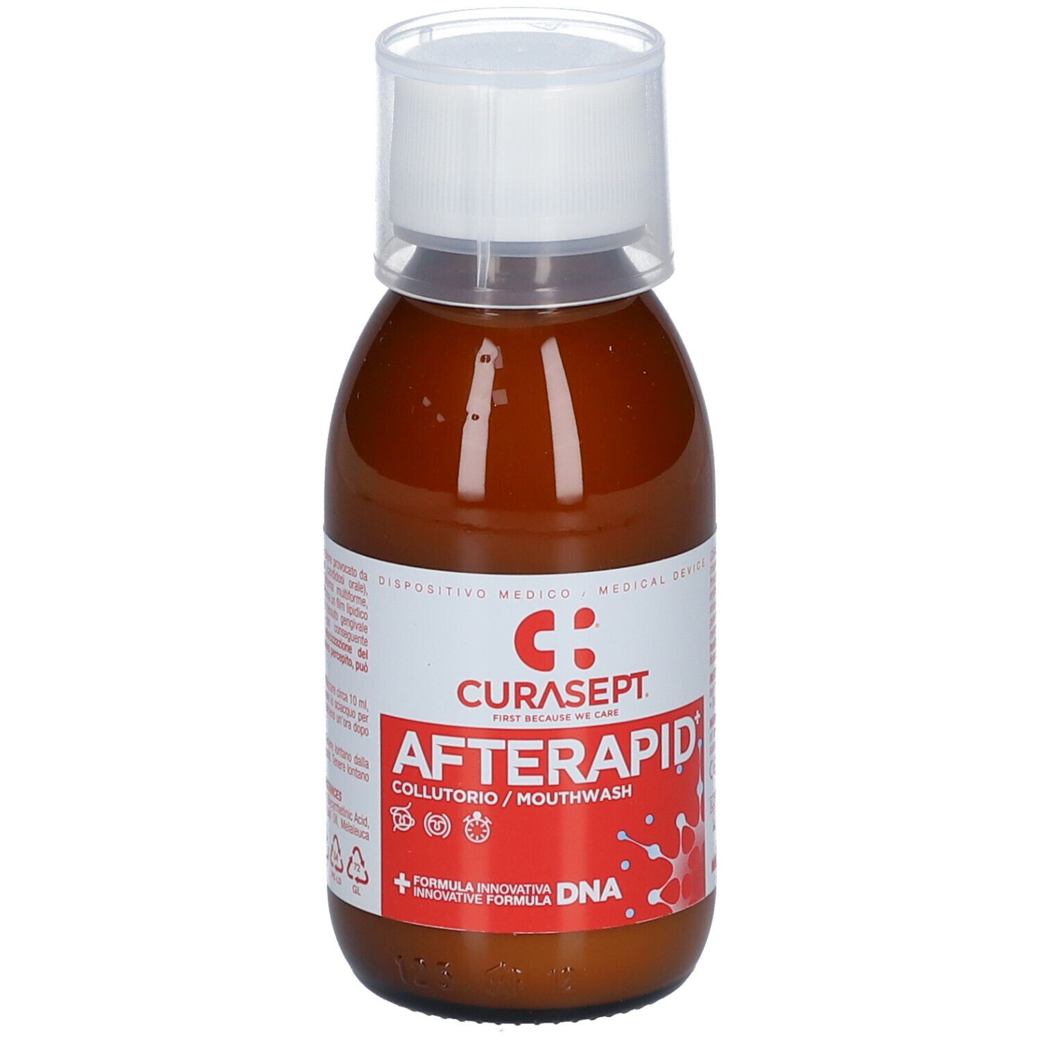 Liquido marrone in bottiglia con tappo bianco. Scritta: CURASEPT AFTERAPID collutorio.