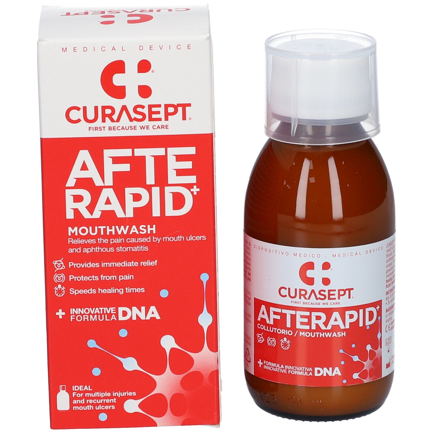 Bottiglia e scatola. Bottiglia: liquido marrone, tappo bianco. Scatola: bianco-rossa, scritta: CURASEPT AFTERAPID.