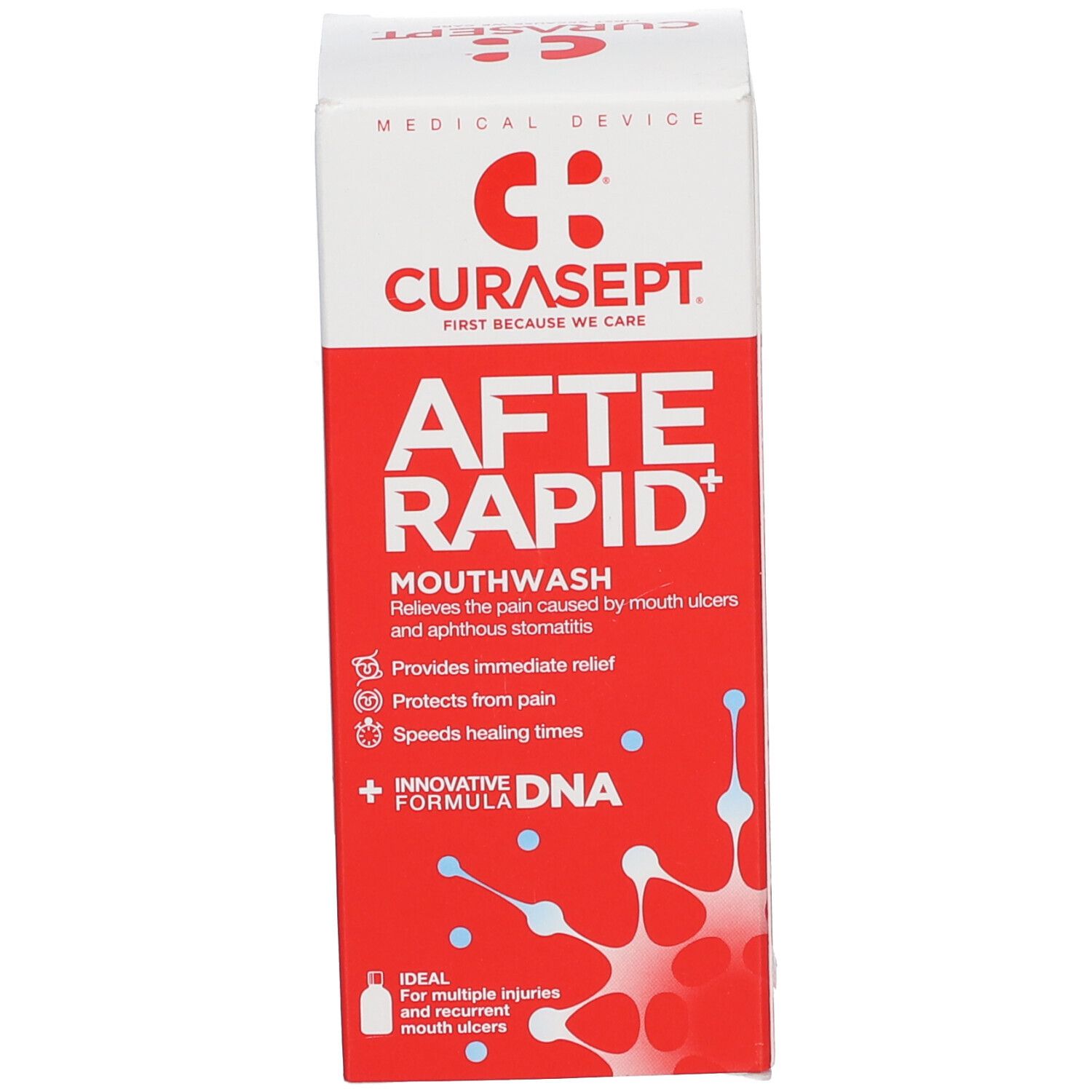 Scatola bianca con grafica rossa. Scritta: CURASEPT AFTERAPID collutorio. Testo e loghi.