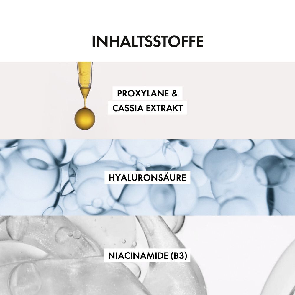 Illustrazione degli ingredienti: Proxylane e estratto di Cassia, acido ialuronico, Niacinamide (B3).