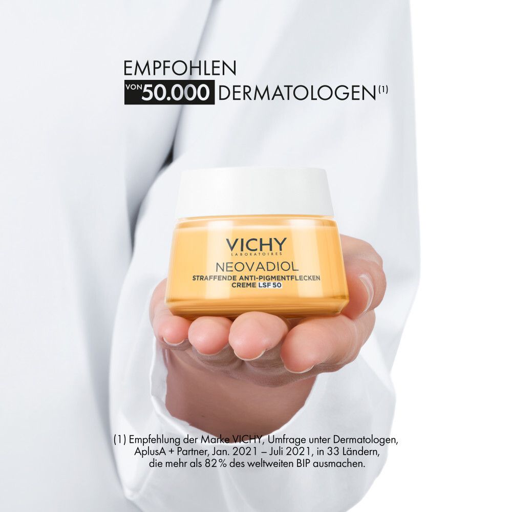 Vaso di crema in mano. Scritta: Vichy Neovadiol, crema SPF 50. Raccomandato da 50.000 dermatologi.