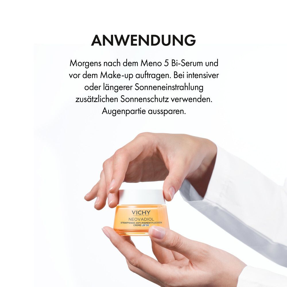 Mani che tengono il vaso di crema. Testo: Applicazione: Al mattino dopo Meno 5 Bi-Siero. Evitare il contorno occhi.