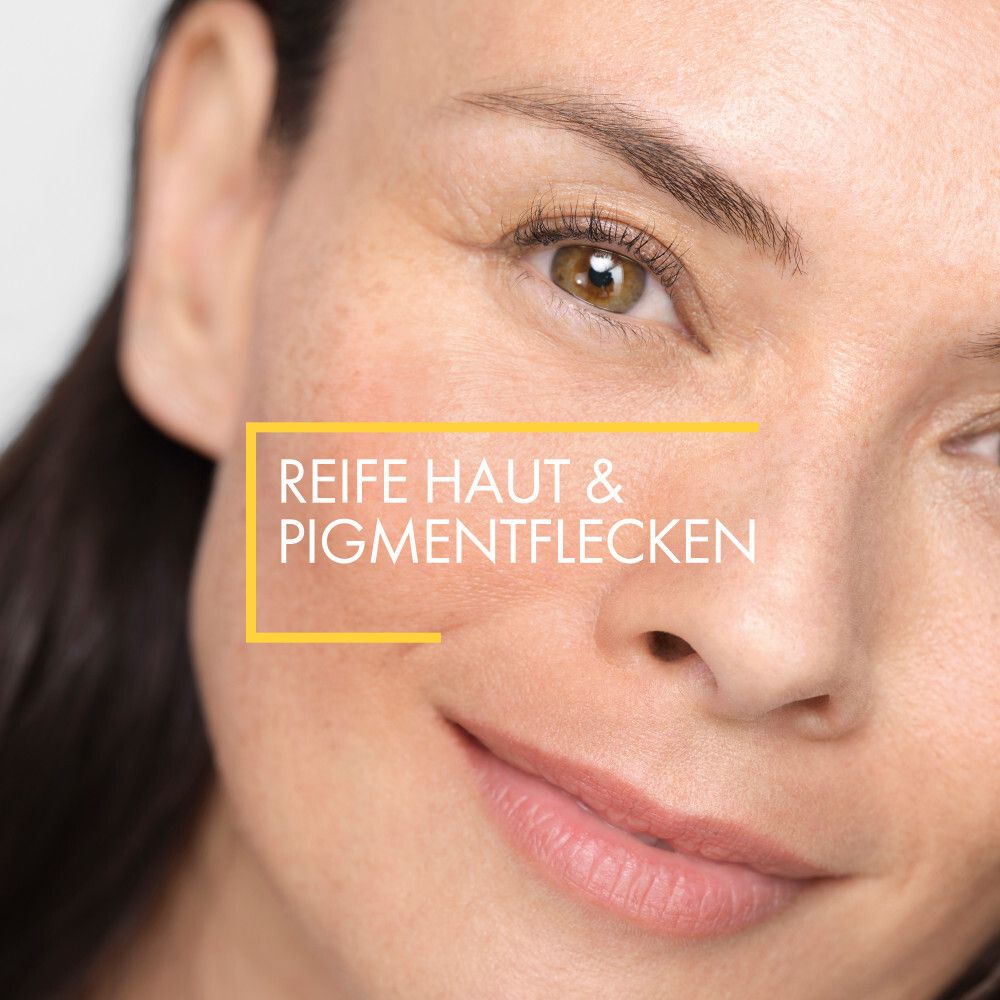 Donna con pelle matura. Testo: Pelle matura e macchie pigmentarie.
