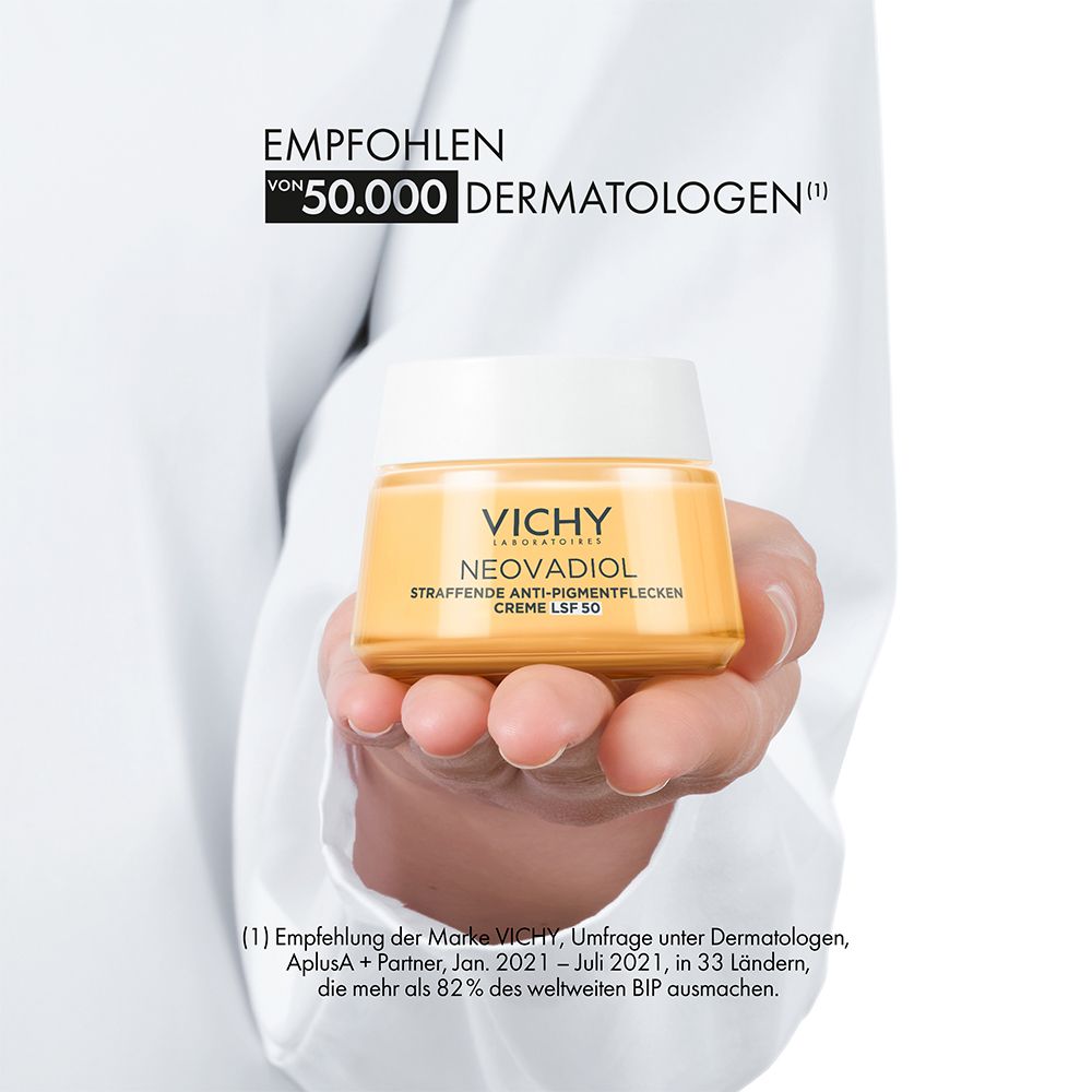 Vaso di crema in mano. Scritta: Vichy Neovadiol, crema SPF 50. Raccomandato da 50.000 dermatologi.