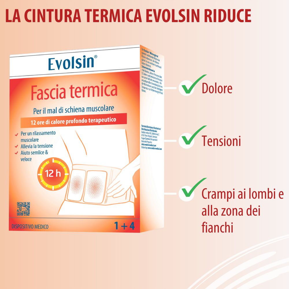 Grafico dei vantaggi della cintura termica. Allevia dolore, tensioni e crampi. Confezione del prodotto sullo sfondo.