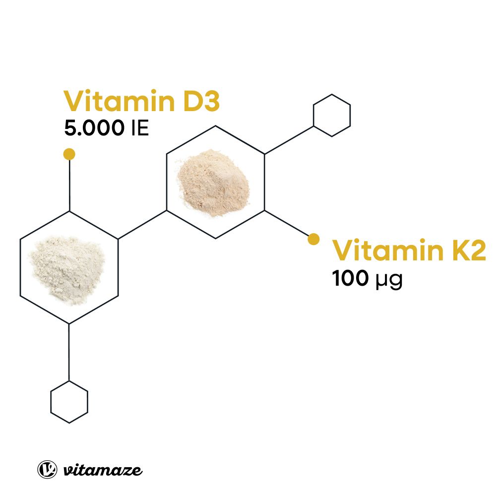 Rappresentazione grafica di vitamina D3 e K2. Polvere in forme esagonali. Logo Vitamaze.