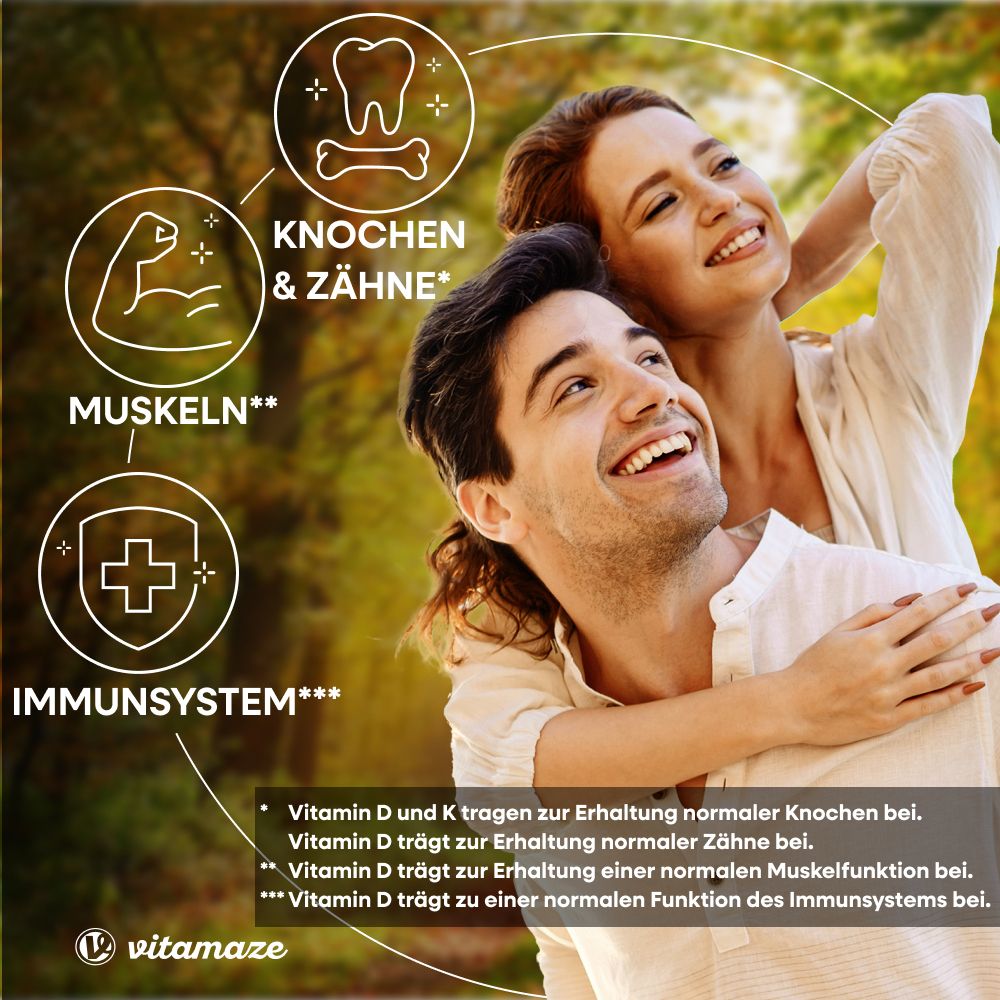 Coppia sorridente. Grafici: Ossa e denti, muscoli, sistema immunitario. Testo su vitamina D e K.