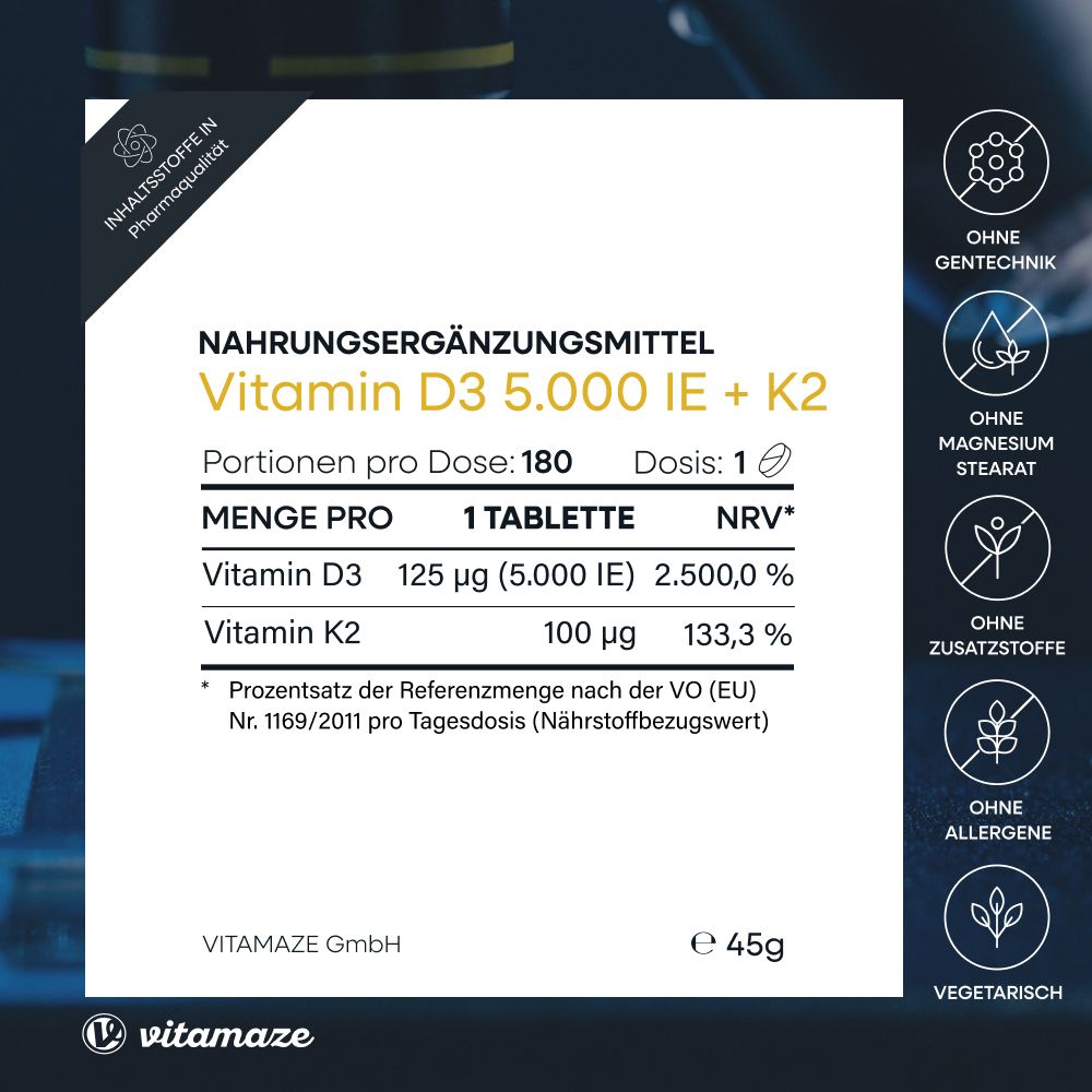 Integratore alimentare Vitamine D3 5.000 UI + K2. 180 porzioni. Senza OGM, allergeni.
