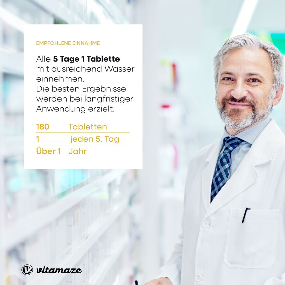Medico con testo: Assumere 1 compressa ogni 5 giorni con acqua sufficiente. 180 compresse.