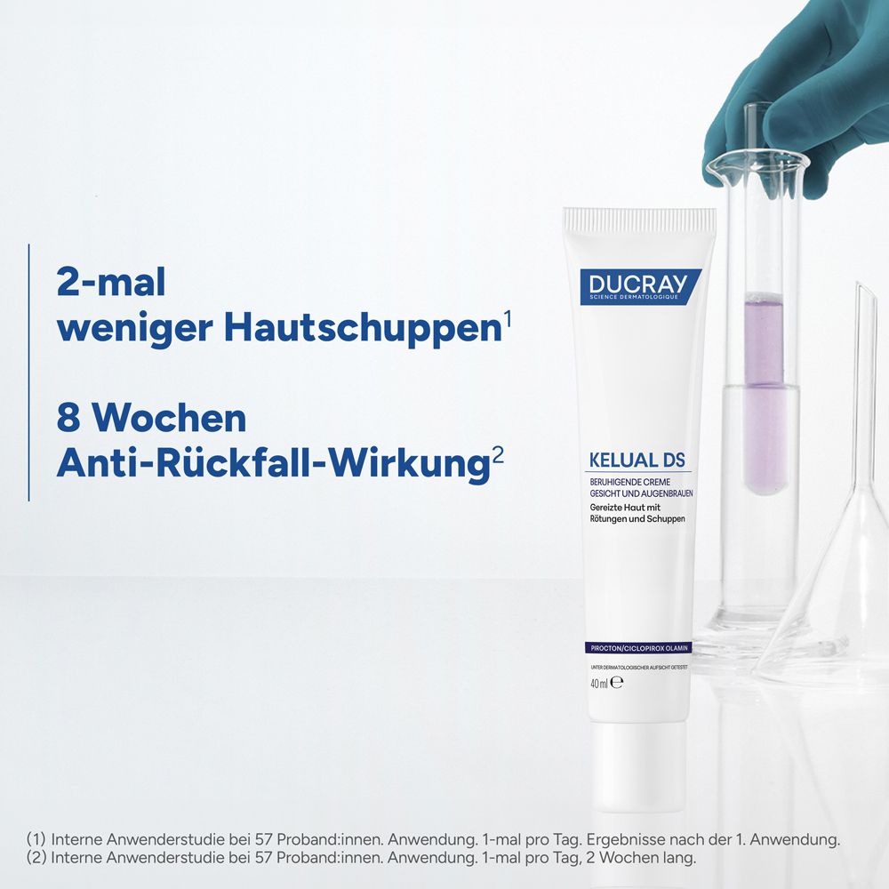 Quadrati blu con testo. Contiene: Ciclopirox Olamina + Piroctone Olamina, Acido beta-glicirretinico, KELUAMID.