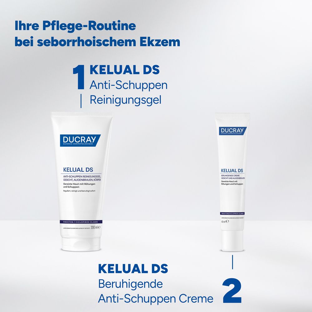 Due prodotti affiancati. KELUAL DS Gel detergente antiforfora e KELUAL DS Crema lenitiva.