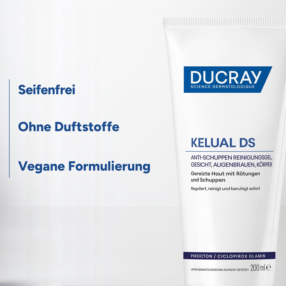 Tubo Gel Ducray Kelual DS. Testo: Senza sapone, Senza profumo, Formulazione vegana.