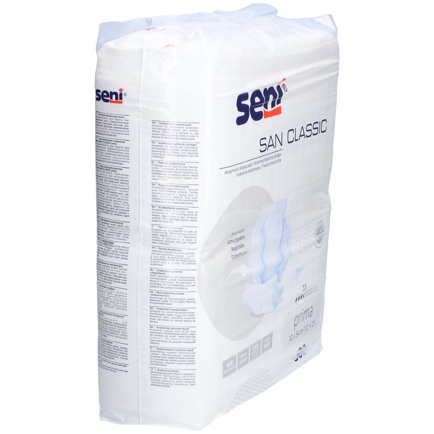 Confezione di Seni San Prima. Cuscinetti sagomati. 30 pezzi. Dimensione 32 x 54 cm. Marchio Seni.