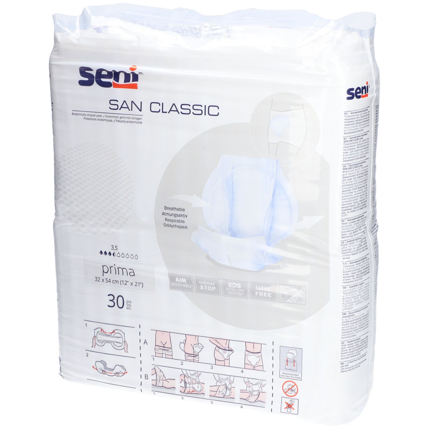 Confezione di Seni San Prima. Cuscinetti sagomati. 30 pezzi. Dimensione 32 x 54 cm. Marchio Seni. Illustrazioni.