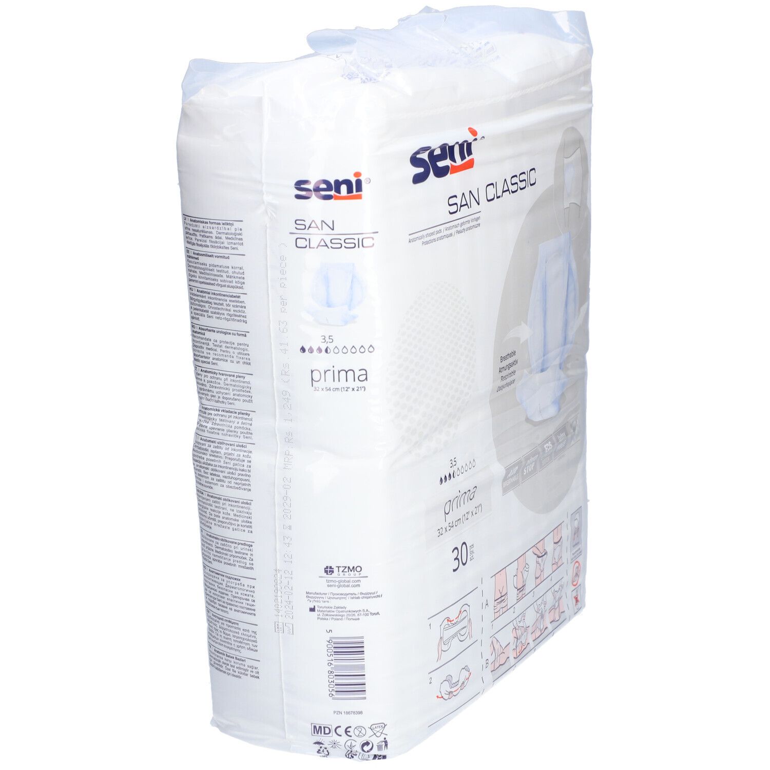 Confezione Seni San Prima. Cuscinetti sagomati. 30 pezzi. Dimensione 32 x 54 cm. Marchio Seni.