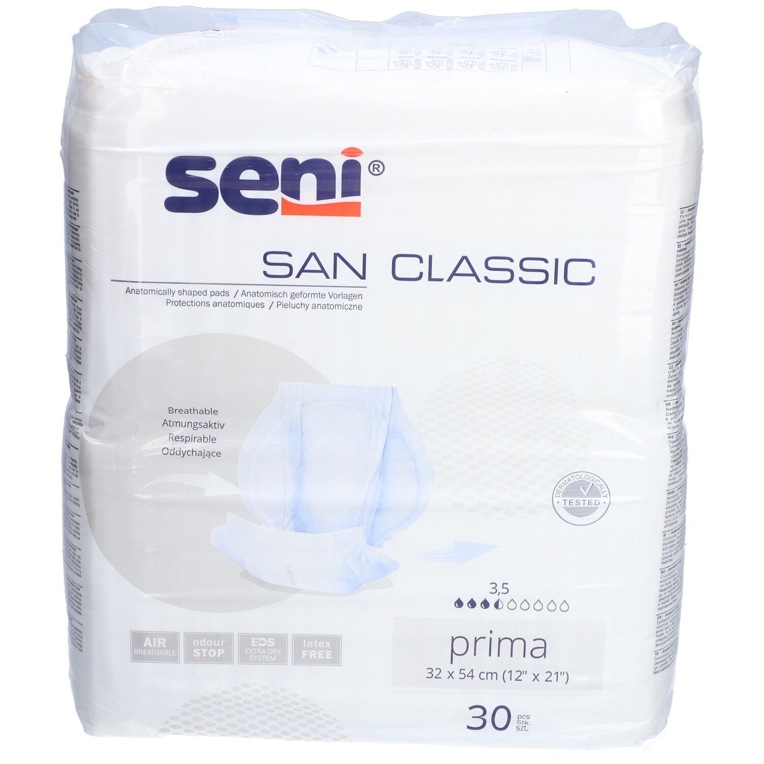 Confezione di Seni San Prima. Cuscinetti sagomati. 30 pezzi. Dimensione 32 x 54 cm. Marchio Seni. Con certificazione.