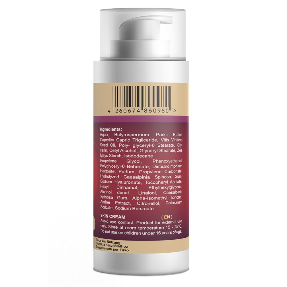 Retro del flacone di crema. Elenco ingredienti e codice a barre. Testo: Skin Cream. Solo per uso esterno.