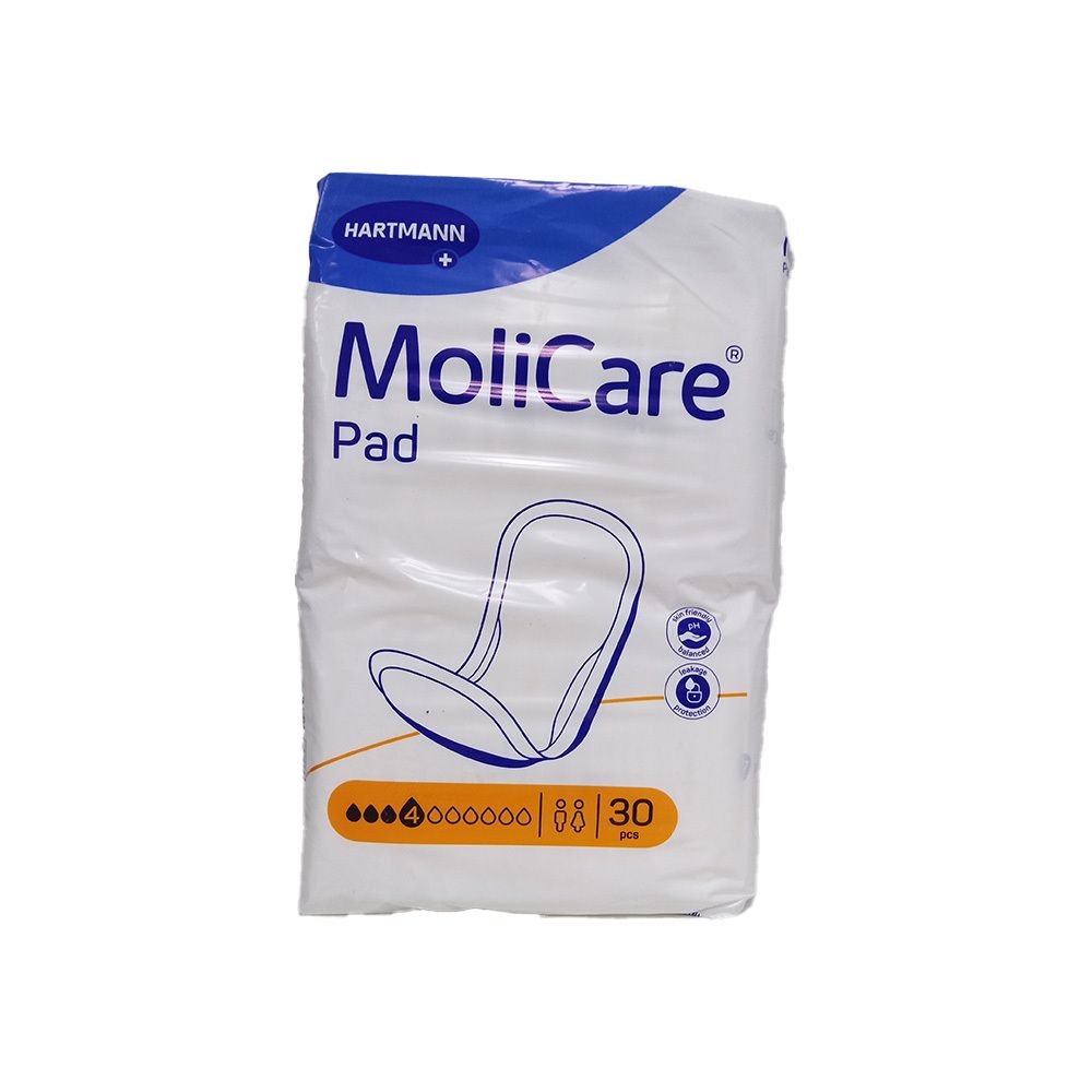 Confezione di MoliCare Pad, 30 pezzi. Imballaggio bianco con logo e nome del prodotto. Simbolo 4 gocce.