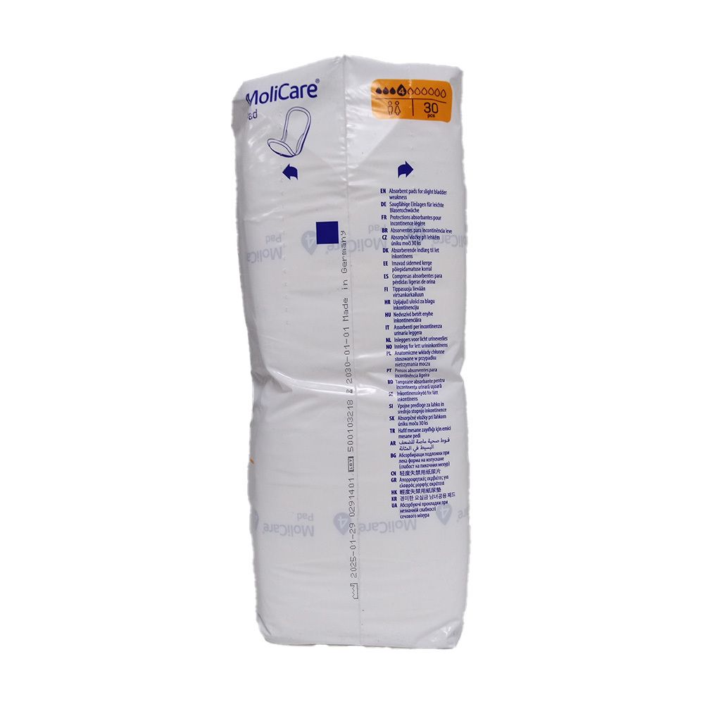 Confezione laterale di MoliCare Pad. Nome del prodotto e loghi. Testo multilingue.