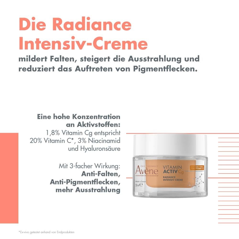 Vaso di crema con testo. Testo: La crema Radiance Intensiv attenua le rughe, aumenta la luminosità.