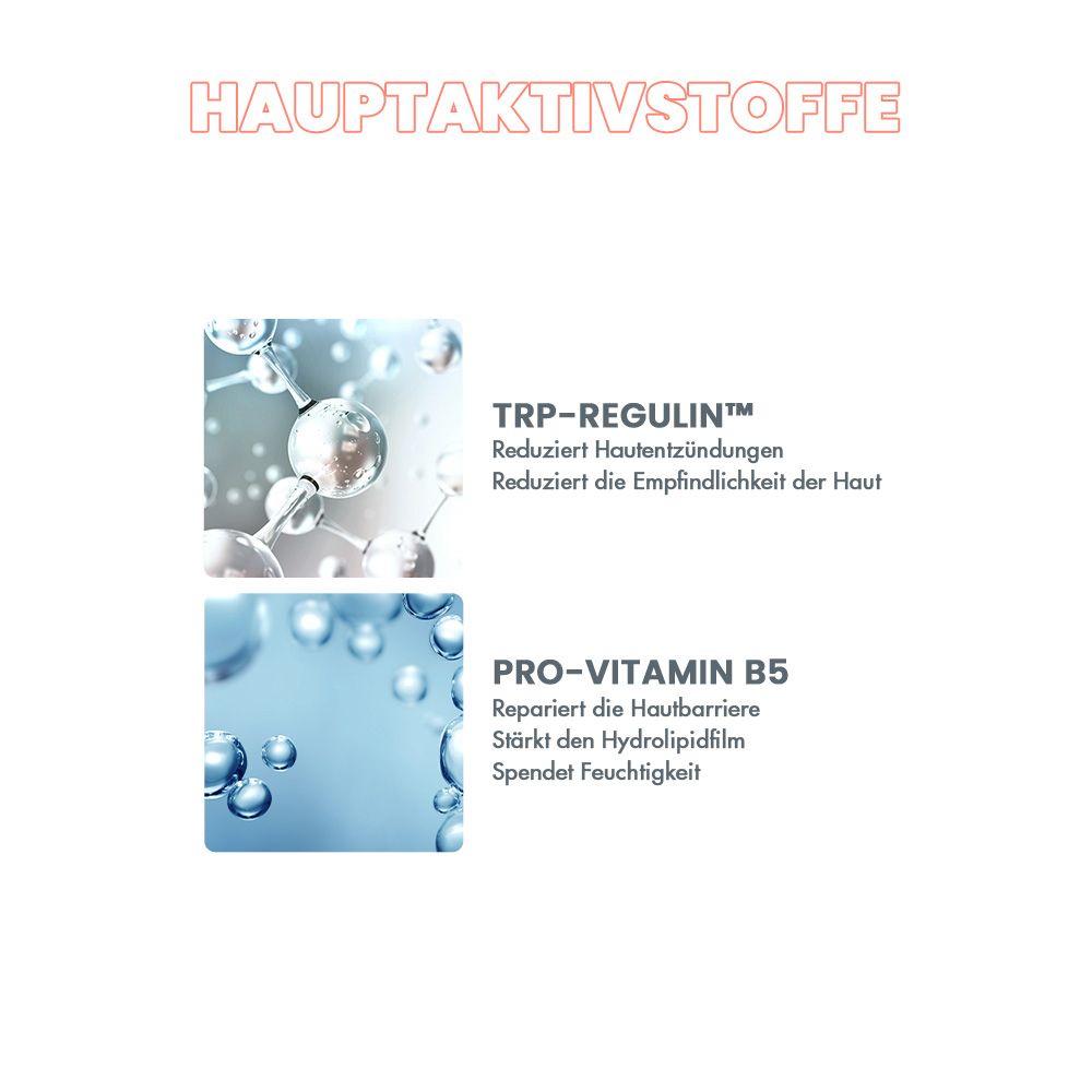 Principi attivi: TRP-Regulin riduce la sensibilità cutanea. Pro-Vitamina B5 ripara.